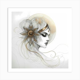 Beauty With Flower In Light Gold Creative Drawing Art Print