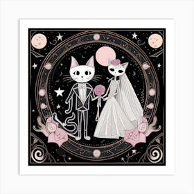 Cat Wedding whimsical minimalistic line art Art Print