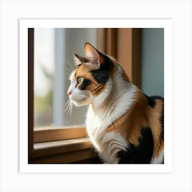 A contemplative portrait of a calico cat sitting beside an open window Art Print