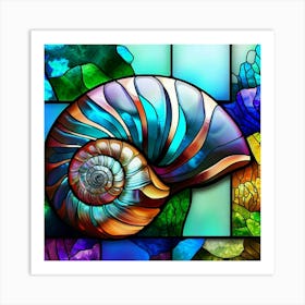 Nautilus Shell Stained Glass Spiral Curves Art Print