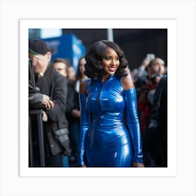 An Ethopialen Black Woman Voluptuous Sexy Wearing A Blue Full Latex Dress on the Red Carpet - Created by Midjourney Art Print