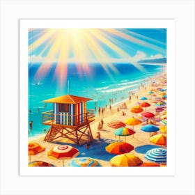 Beach Day Bliss Wall Print Art A Vibrant And Lively Depiction Of A Perfect Summer Day At The Beach, Perfect For Bringing The Joy Of Swimming And Summer Fun Into Any Space Art Print