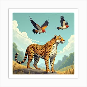 Leopard Under Flying Swallows 1 Art Print