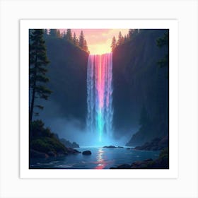 Mystic Waterfall Flowing With Rainbow Colored Light 1 Art Print