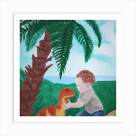 Baby Petting a Dinosaur 1 Art Print