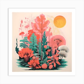 Risograph Style Nature Scene, Vibrant Trippy Candy Colours Art Print