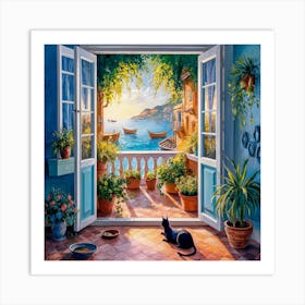 Open Window With Cat Matisse Style Amalfi Coast (2) 1 Art Print