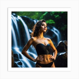 Beautiful Woman In Bikini In Front Of Waterfall xvh Art Print