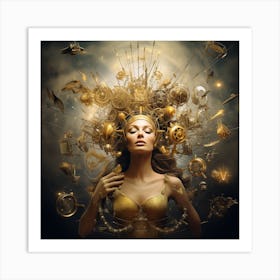 Golden Woman With Clocks On Her Head Art Print