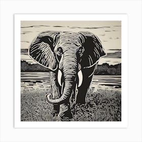 Elephant In The Grass Linocut Art Print