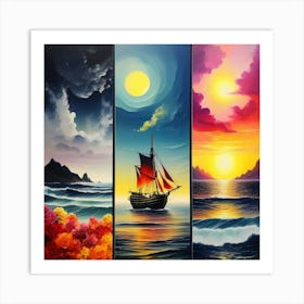 hree different vertical panels, ocean sea ⛵ ships 9 Art Print