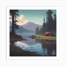 Red House By The Lake Art Print