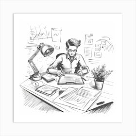 Businessman Working At Desk Art Print