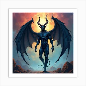 Demon With Dark Wings In A Colorful Watercolor Underworld 1 Art Print