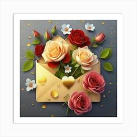 An open red and yellow letter envelope with flowers inside and little hearts outside 17 Art Print