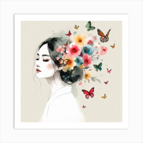 Girl With Butterflies I Art Print