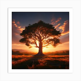 A Majestic Lone Tree Stands In An Open Field With The Setting Sun Casting Its Fiery Glow Art Print