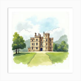 Watercolor Of The Eastnor Castle In Herefordshire, Showcasing Its Grand Architecture And Scenic Landscape Art Print