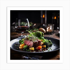 Steak With Vegetables And Wine Art Print