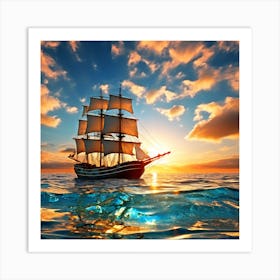 Sailing Ship At Sunset Art Print