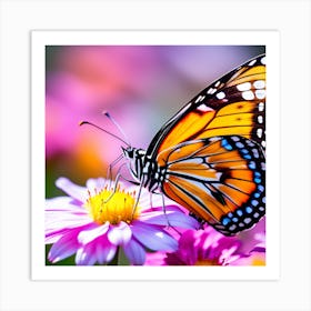 Close Up Of A Butterfly Of Different Colors Resting On Top Of A Flower Art Print