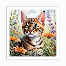Bengal Kitten Digital Watercolor Portrait Art Print