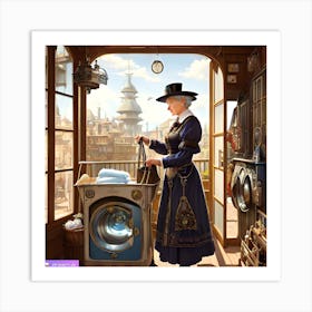 An elderly woman washing clothes Art Print