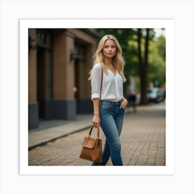 Woman In Jeans And White Shirt Art Print