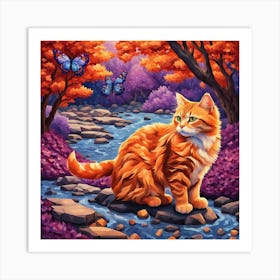 Orange Cat In Autumn Forest Art Print