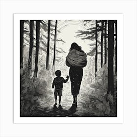 A Mother Carries Her Son In The Middle Of A Forest . Art Print