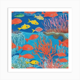 David Hockney Style: A Vibrant Coral Reef Teeming With Marine Life 4 Art Print