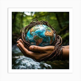 A Hand Of Earthy Brown Weaves Cradling A Detailed Miniature Globe Veins And Tendons Popping Against (6) Art Print