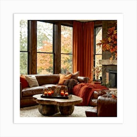 Autumn Living Room Embracing The Essence Of Comfort With A Palette Of Warm Oranges Reds And Golds (2) Art Print