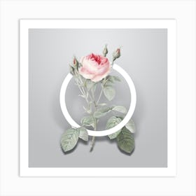 Vintage Double Moss Rose Minimalist Botanical Geometric Circle on Soft Gray Art Print