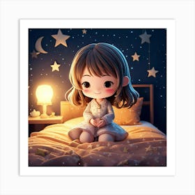 Firefly Chibi, Cute, Folded Hands, Eyes Closed, Smiling, Sitting, Bed, Edge, Stars, Moon, Decoration (8) Art Print