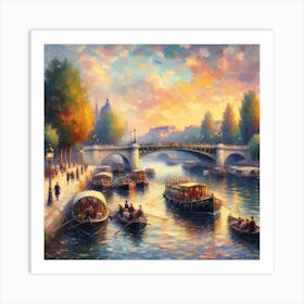 Paris At Sunset With The Seine River And Sailing Boats Art Print