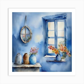 Blue wall. Open window. From inside an old-style room. Silver in the middle. There are several small pottery jars next to the window. There are flowers in the jars Spring oil colors. Wall painting.54 Art Print