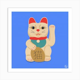 Maneki Neko Cat On Blue Square Art Print