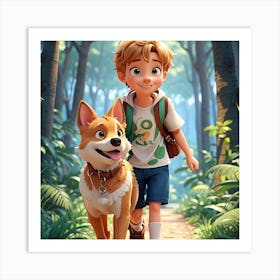 Boy And His Dog In The Woods Art Print