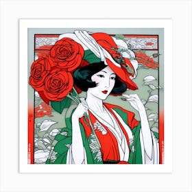 Japanese Woman With Roses Art Print