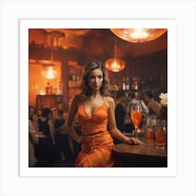 Beautiful Woman In Orange Dress In A Bar 5 Art Print