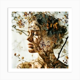 Double Exposure Captures Tree Branches Interwoven Seamlessly Among Dried Flowers Brought To Life In 461029949 Art Print