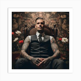 Sexy Tattooed Man Sitting In Chair Art Print