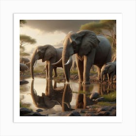 Elephants In The Water Art Print