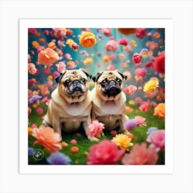 Two Pugs With Flower Background 2 Art Print