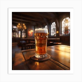 A glass of beer on a wooden table in a typical British pub. Photo realistic. Art Print