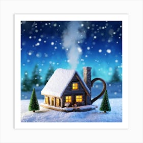 Snow Covered Miniature Winter Cottage Nestled Inside A Steaming Cup Delicate Aromas Of Hot Cocoa Wa 2 Art Print