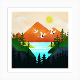 Beautiful flight over the peaceful mountain lake Art Print