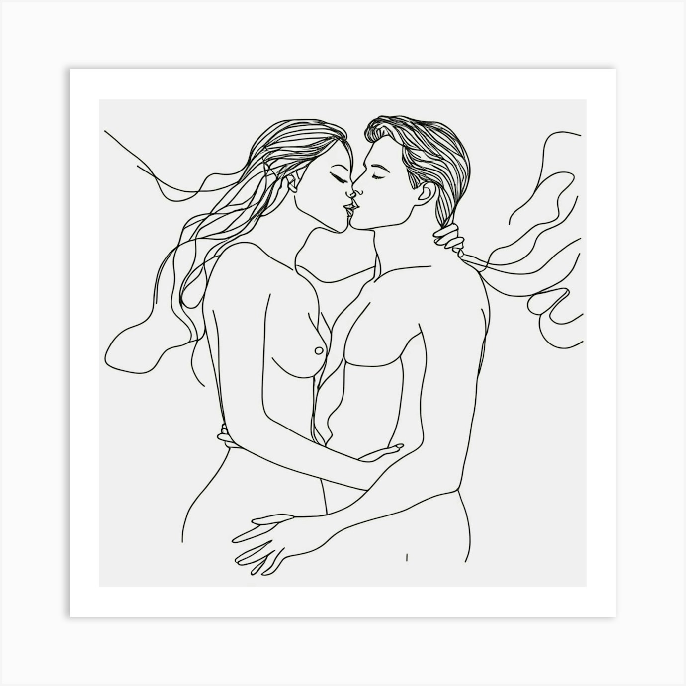 Naked Love Kissing Couple drawing Art Print