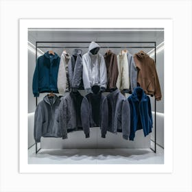 A rack of men's jackets and hoodies on a rack 1 Art Print